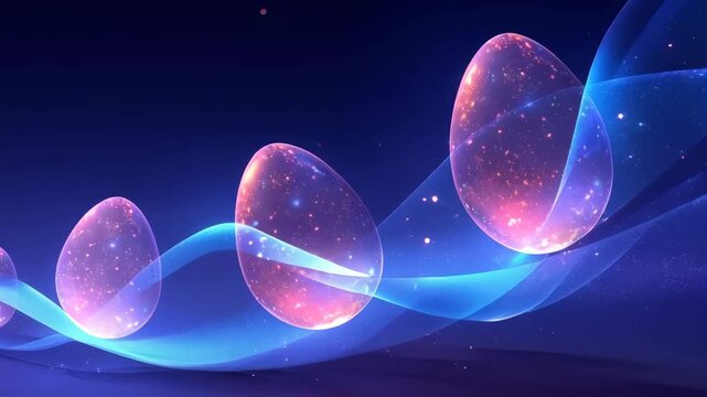 Magical glowing Easter eggs floating on cosmic blue waves with sparkling stars. Abstract holiday animation for Easter celebration, Spring equinox, Paschal blessing, religious festival