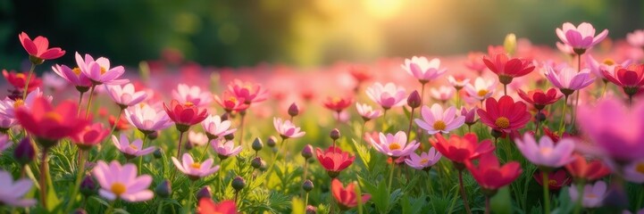Rows of cosmos flowers, soft light, gentle breeze, rural, beautiful