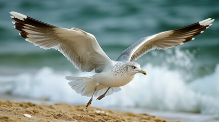 Obraz premium Seagull takes flight over sandy beach with waves crashing in the background during a sunny day by the ocean