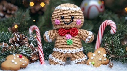 Smiling crocheted gingerbread man stands on snow surrounded by christmas decorations