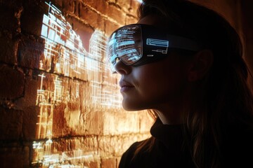 A woman wearing futuristic augmented reality glasses interacts with a digital overlay projected onto a brick wall.