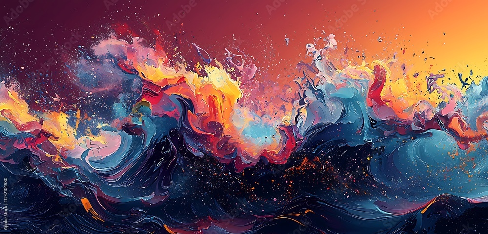 Wall mural a cool modern abstract design with splashing waves and vibrant colors, blending into a dynamic, ener