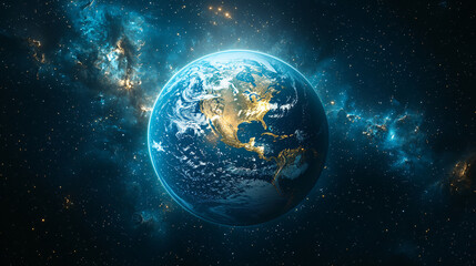 Obraz premium Earth from Space with blue oceans and green continents – cosmic glow with stars background