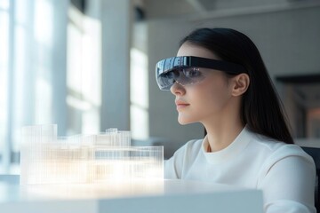 A woman wearing smart glasses examines a 3D architectural model, showcasing futuristic design technology.