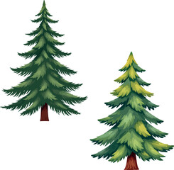 Two lush green pine trees standing tall on white background