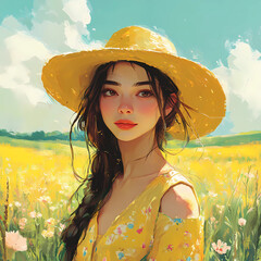Portrait of a Beautiful Girl, Woman in a Meadow