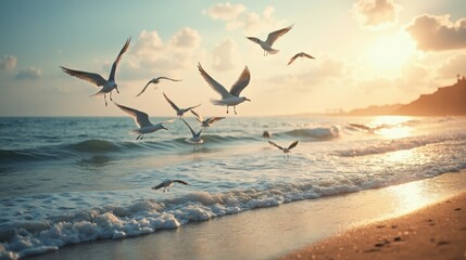 A Flock of Seagulls Flying Over the Ocean at Sunset - Generative AI