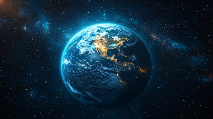 Fototapeta premium Earth from Space with blue oceans and green continents – cosmic glow with stars background