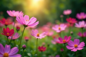 Fototapeta premium Numerous cosmos flowers swaying gently in a lush garden setting , wildflower, botany