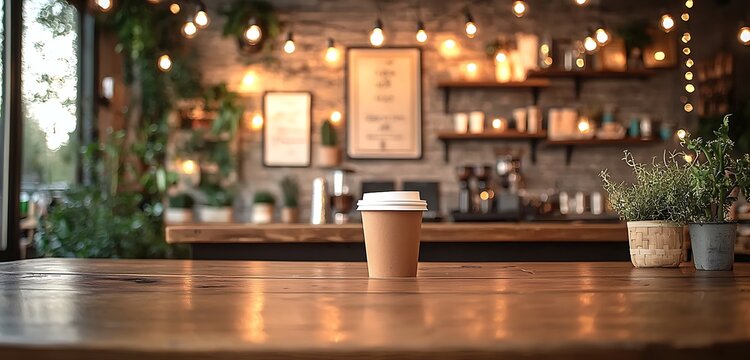 A cozy coffee shop setup with a warm wooden shelf and table, complemented by soft lighting and a blurred bokeh effect in the background