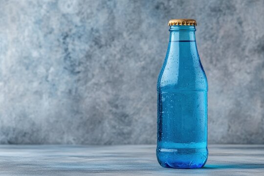 Refreshing Blue Beverage in Glass Bottle on Gray Background - Powered by Adobe