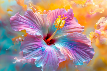 Colorful Hibiscus Flower in Paint Cloud, Studio Shot