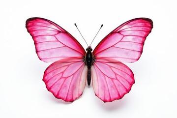 Fototapeta premium Delicate pink butterfly, wings spread wide, isolated on pure white , free, soft