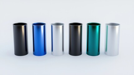 Six Metallic Cylinders in Various Colors on White Background