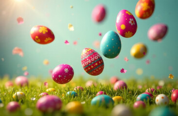 Fototapeta premium Flying, hovering, levitation painted, decorated Easter eggs, copy space