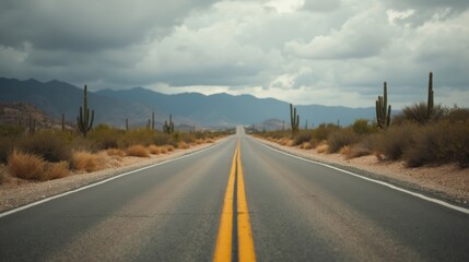 Obraz premium An Empty Road With Cactus Plants on Both Sides of the Road - Generative AI
