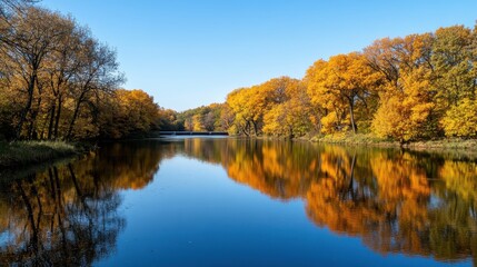 Fototapeta premium Serene Autumn Reflection in Tranquil Lake Surrounded by Vibrant Golden Foliage