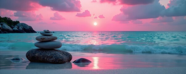 Pink sun setting behind turquoise water with stone arrangement on shore with blurry effect , turquoise water, shoreline, sunset