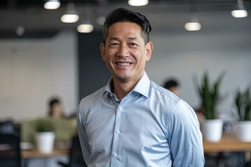 Fototapeta premium Confident Smiling Asian Businessman Modern Office - Professional Portrait Corporate Branding