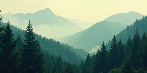 Fototapeta premium Misty mountain fir forest, vintage faded tones, mysterious, fir forest