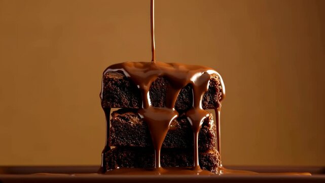 Chocolate brownie pieces covered with hot chocolate sauce on dark brown background, isolated studio photo. Pantone 2025, color of the year - Mocha Mousse. Horizontal background for advertising.