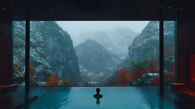 Person relaxes in indoor pool overlooking snowy autumn mountains