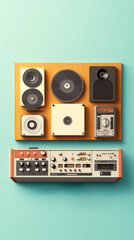 A retro audio setup featuring speakers, a turntable, and a cassette deck, all arranged aesthetically against a pastel background.