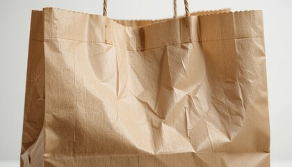Close Up of Crumpled Brown Paper Shopping Bag on White Background