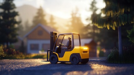 Bright Forklift at Dawn Near Cozy Home in Peaceful Setting