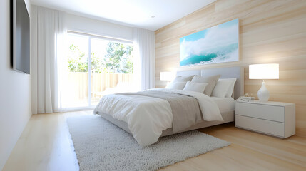 Fototapeta premium Modern bedroom design, ocean view, sunny day, relaxing atmosphere, home decor