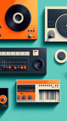 Fototapeta premium A colorful arrangement of retro audio equipment featuring vinyl records, cassette players, and synthesizers on a teal background.