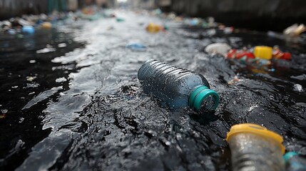 Obraz premium Plastic bottles floating in polluted water, highlighting environmental issues in an urban setting