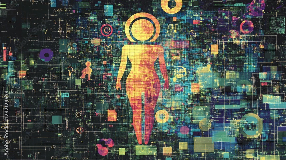 Poster artistic portrayal of a woman fused with technology data, representing the link between humans and m
