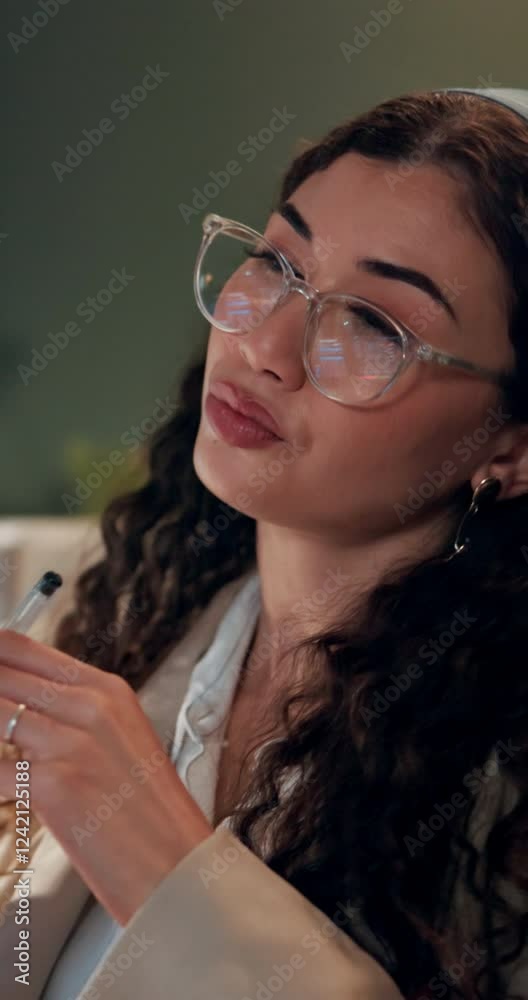 Aufkleber Night, thinking and web development with programmer woman in office for problem solving or solution. Coding, glasses and pen with thoughtful developer in dark workplace for cybersecurity software
