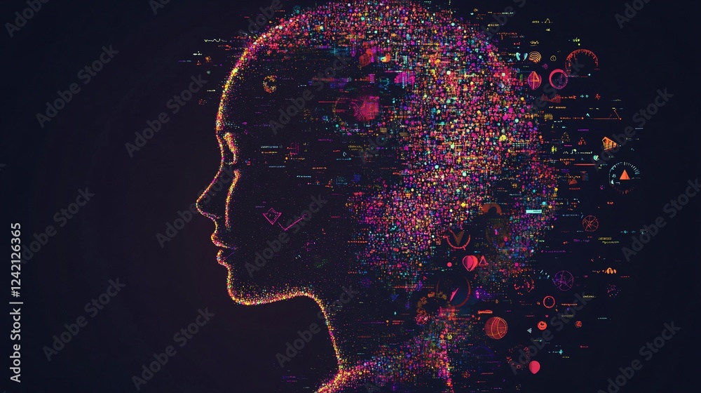 Poster Abstract image of a woman profile forming from colorful data illustrating artificial intelligence