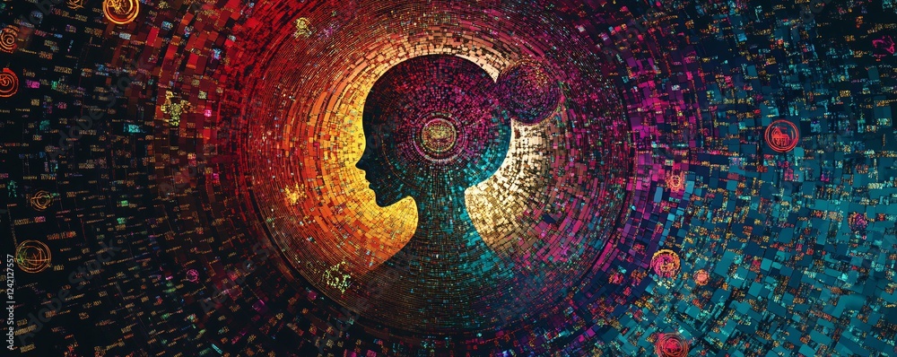 Aufkleber colorful data fragments create abstract woman profile, symbolizing artificial intelligence and deep 
