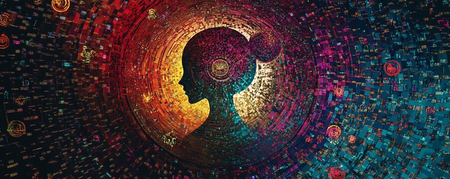 Colorful data fragments create abstract woman profile, symbolizing artificial intelligence and deep learning