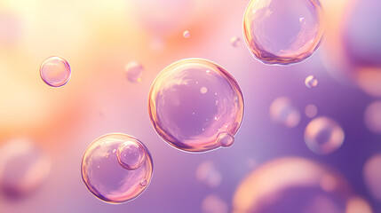 Naklejka premium Liquid bubbles floating in the air with a blurred purple background, symbolizing fluidity, lightness, and the ephemeral nature of moments. Ephemeral Aesthetic. Illustration