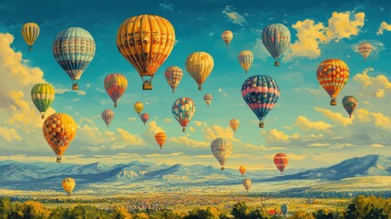Fototapeta premium Colorful Hot Air Balloons in a Scenic Sky Above Rolling Mountains