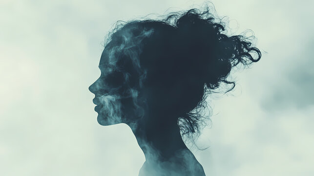 Silhouette of a disappearing woman's profile blending into a misty background. Ephemeral Aesthetic. Illustration