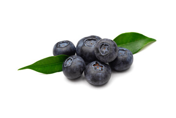 fresh blueberries with green leaves on white background