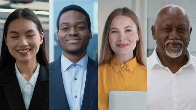 Four professionals of different backgrounds pose confidently in a bright office, showcasing teamwork and collaboration.
