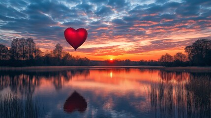 Fototapeta premium Romantic sunset balloon heart over tranquil lake nature landscape peaceful reflection scenic view