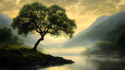 Serene sunrise over misty valley river, lone tree