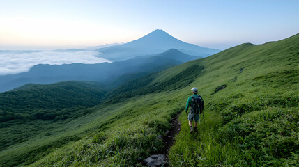 Obraz premium Hiker on mountain trail, volcano view, sunrise, Japan, travel