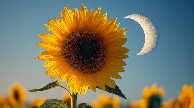 Sunflower bloom under crescent moon nature scene colorful field evening light serene atmosphere