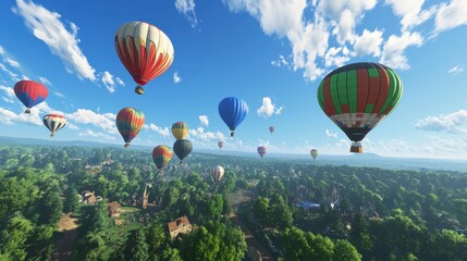 Obraz premium Colorful Hot Air Balloons Over Scenic Landscape with Blue Sky