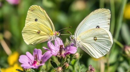 Two beautiful Clouded Yellow butterflies facing each other on a flower