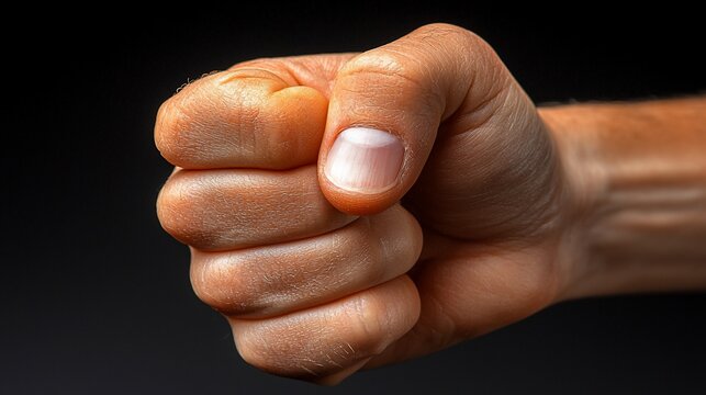 Close-up of a clenched fist against a dark background, symbolizing strength and determination