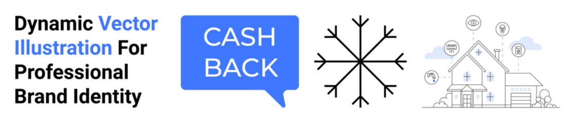 Cashback speech bubble, a snowflake symbol, and a smart home diagram with connected icons. Ideal for finance, home automation, energy efficiency, winter savings, tech, branding flat landing page